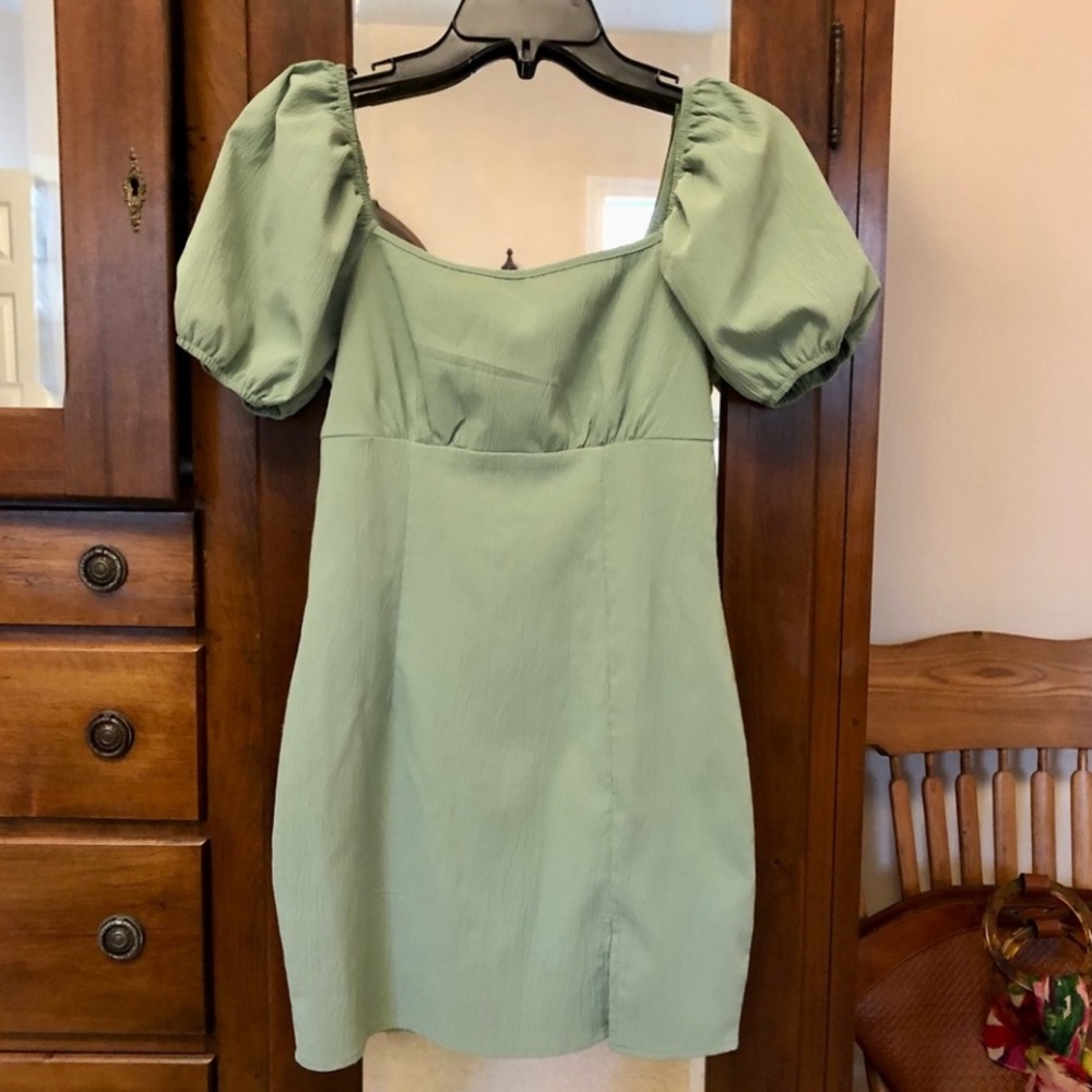 Sage Green Puff Sleeve Mini Dress